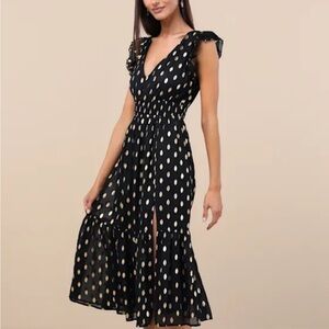 Lulu's Black and Gold Dot Ruffled Tiered Midi Dress